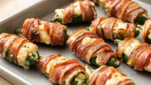 Spooky keto mummy jalapeño poppers wrapped in bacon with cream cheese filling on a plate
