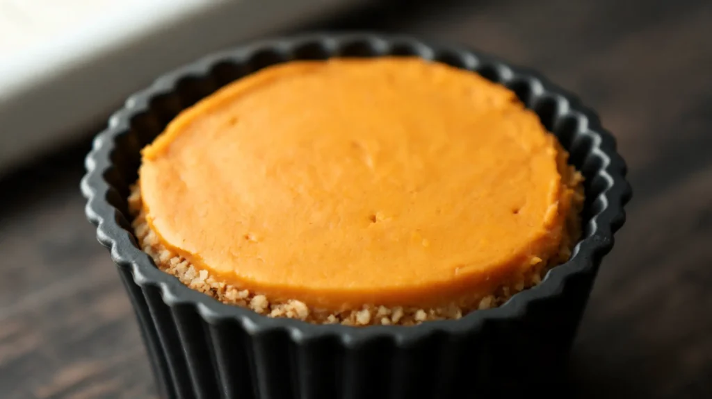 Two creamy keto pumpkin cheesecake cups with almond flour crust on a plate