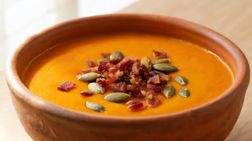 A bowl of creamy keto pumpkin soup topped with crispy bacon crumbles and pumpkin seeds, served on a rustic wooden table