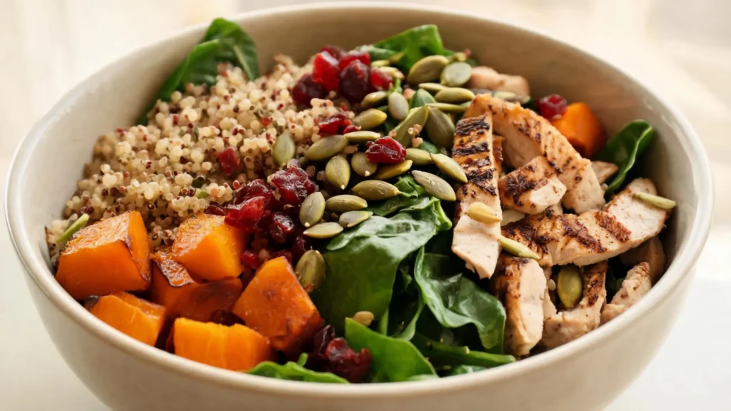 Five light pre-holiday prep meals under 350 calories each, arranged on a table