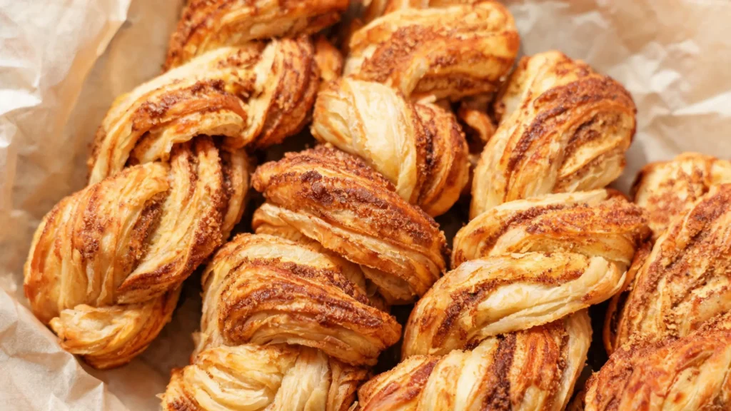 Golden puff pastry cinnamon twists on a baking tray