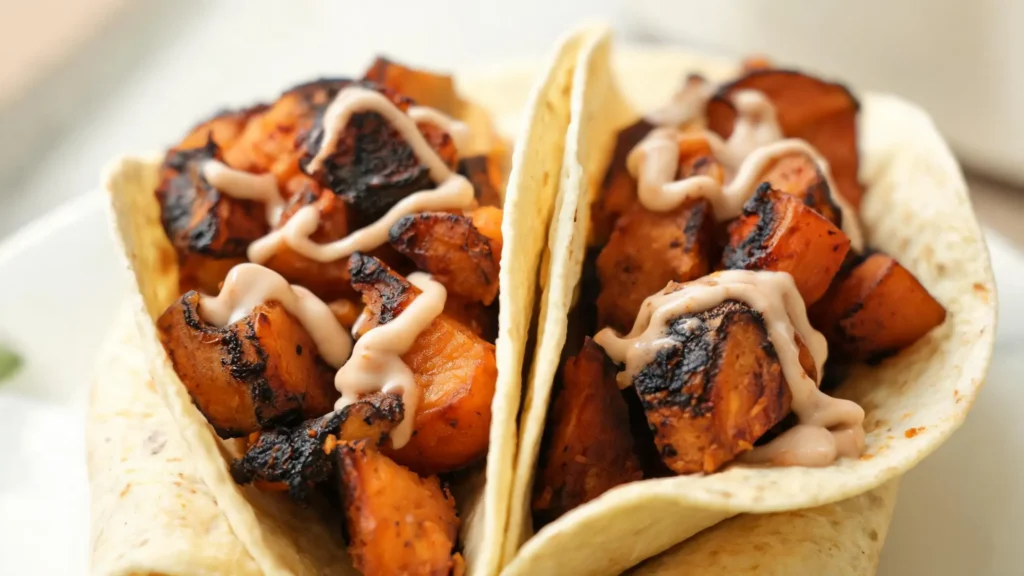 Plated roasted sweet potato tacos drizzled with chipotle crema, garnished with fresh cilantro and lime wedges