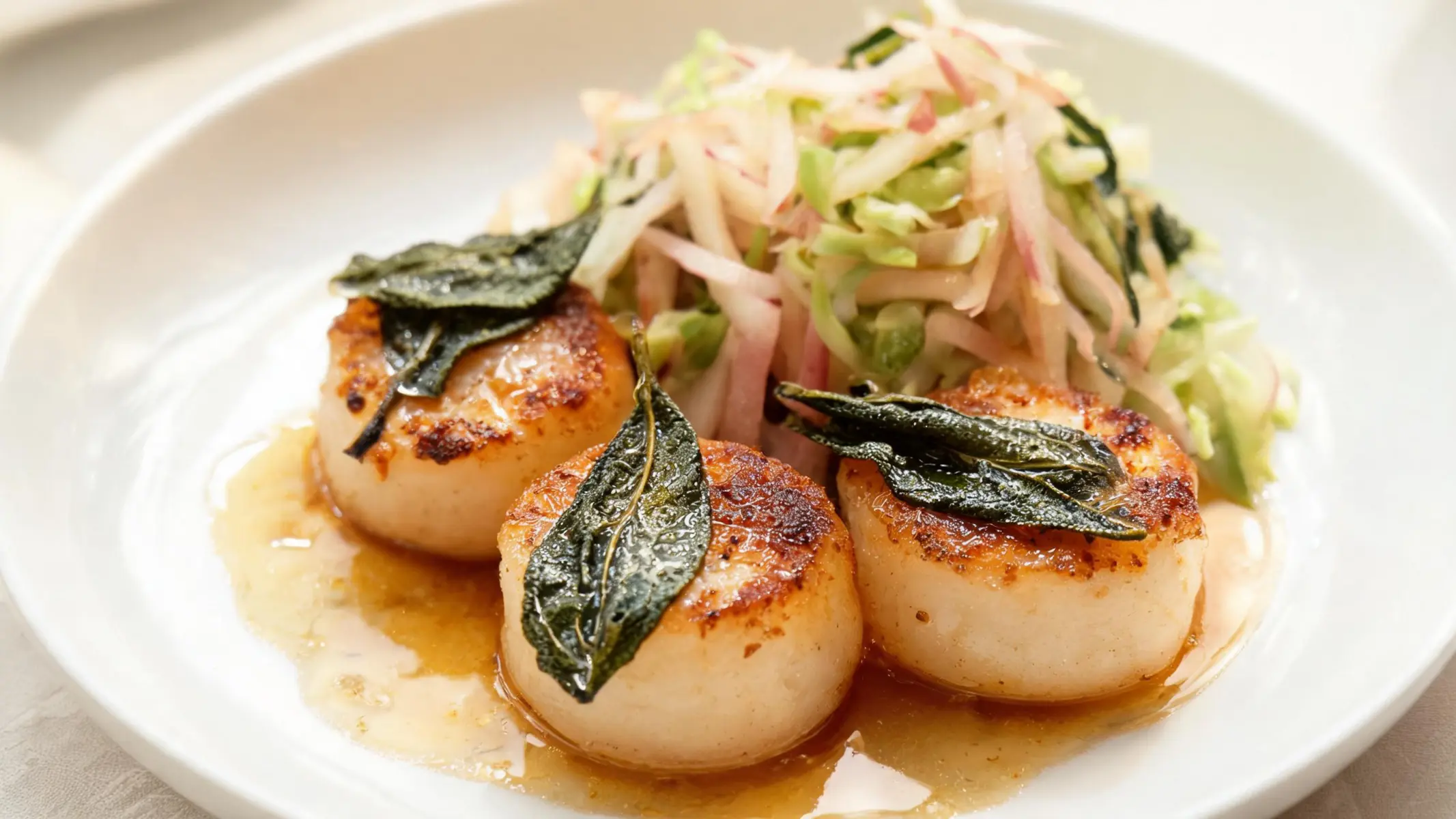 Plated sage brown butter scallops with apple slaw, garnished with fresh sage leaves