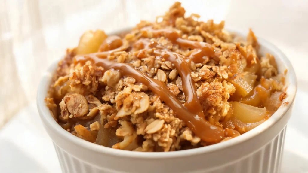 Salted Caramel Apple Betty Cups on a plate with caramel drizzle