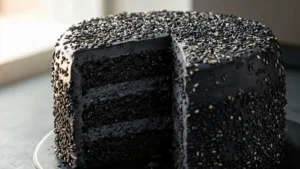 Vegan black sesame Halloween cake with black vanilla frosting on a cake stand