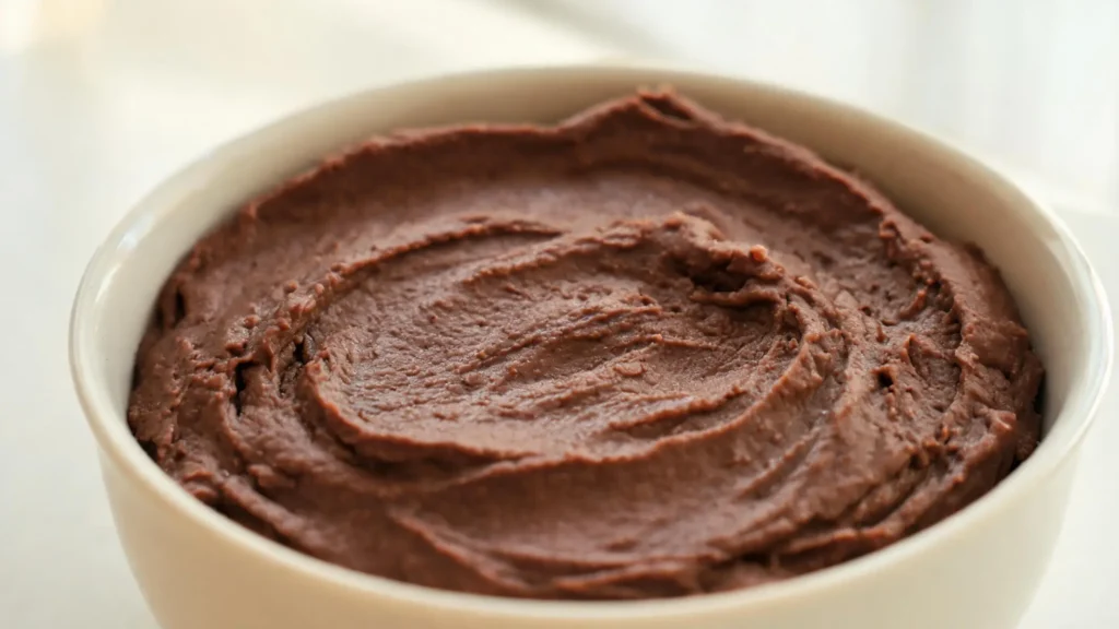 Creamy vegan chocolate hummus in a bowl, topped with cacao nibs and raspberries, on a wooden table.
