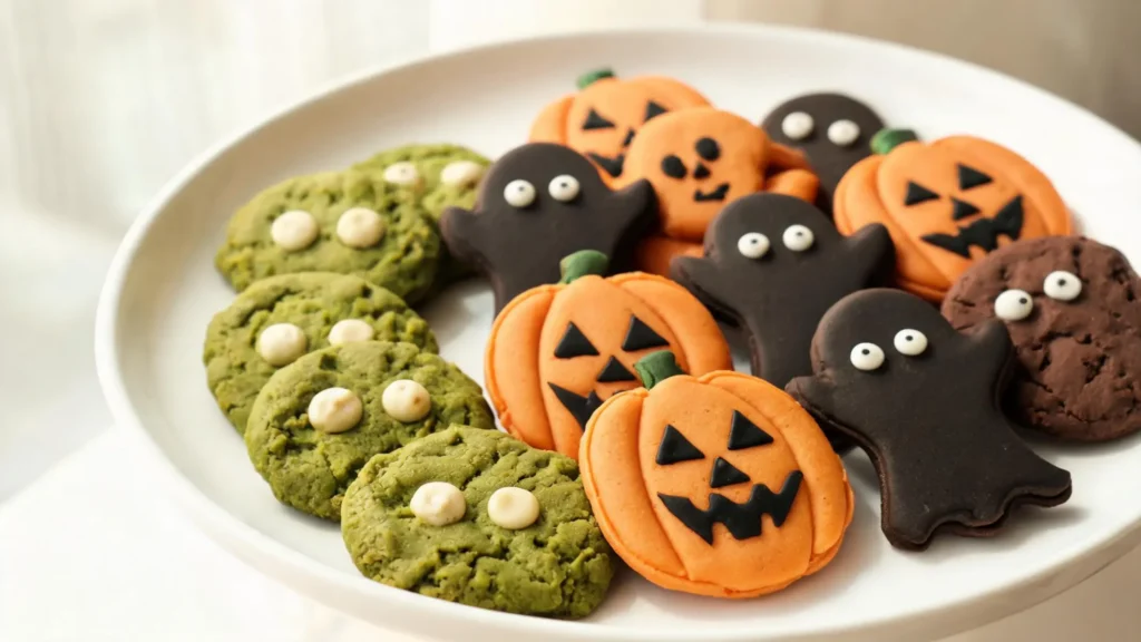A vegan Halloween monster cookie platter featuring green matcha monsters, orange pumpkin cookies, and dark chocolate ghosts on a blackboard