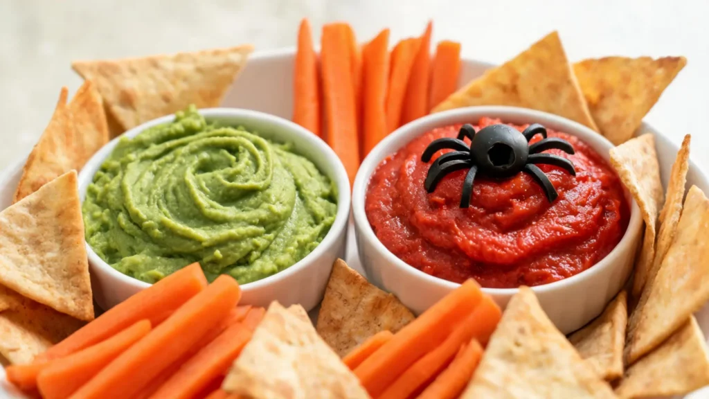 Vegan Halloween party dip board with green witch hummus, roasted red pepper blood dip, and black olive spider garnish on a wooden board