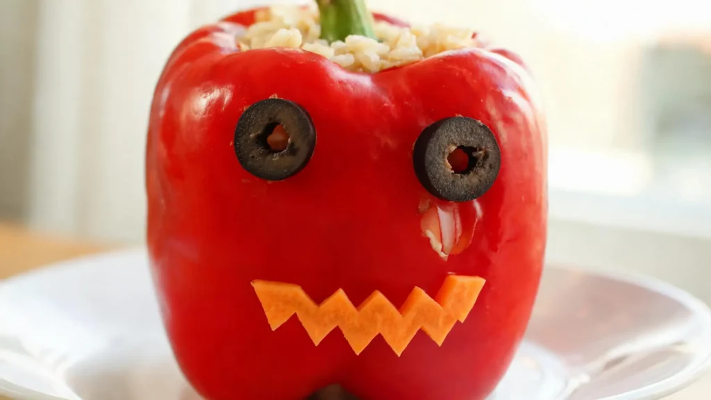 Two vegan stuffed bell pepper monsters with googly eyes and black bean filling on a plate