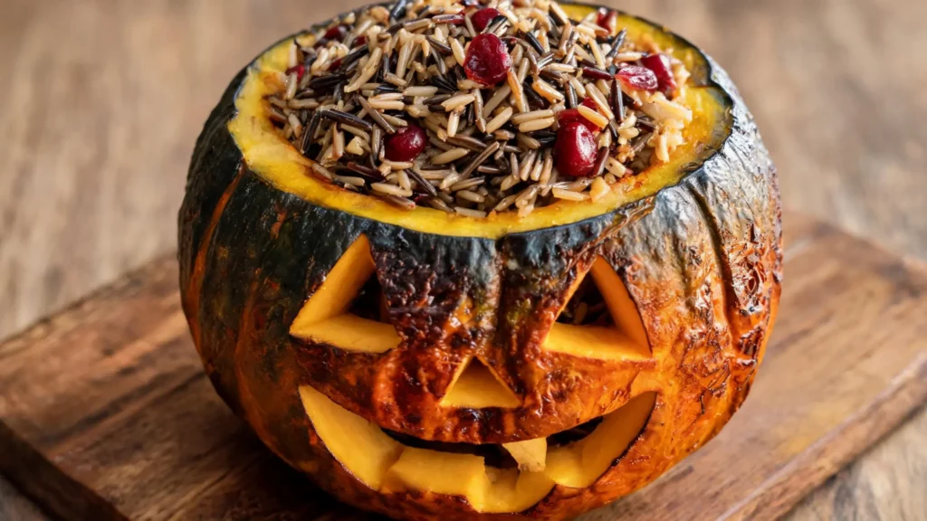Vegan jack-o-lantern stuffed acorn squash with smiling face and wild rice cranberry filling