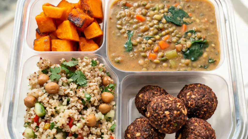 Vegan November meal prep box with roasted squash, lentil soup, grain salad, and energy balls