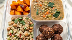 Vegan November meal prep box with roasted squash, lentil soup, grain salad, and energy balls