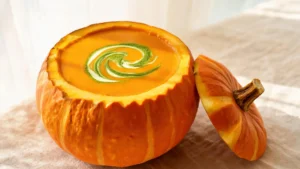 Vegan pumpkin cauldron soup with green matcha cream swirl served inside a carved pumpkin