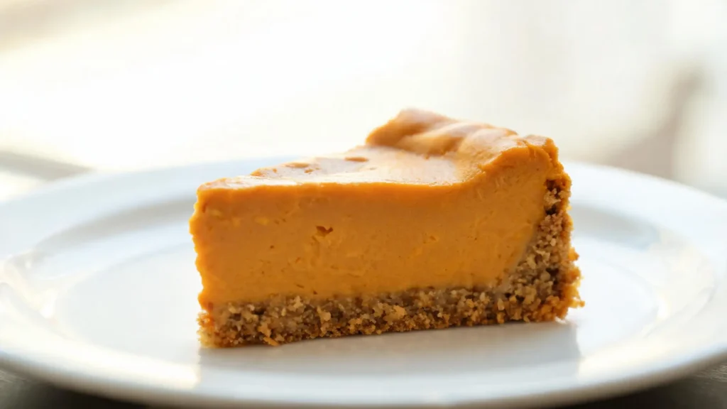 Silky vegan pumpkin cheesecake with cashew cream filling on a graham cracker crust