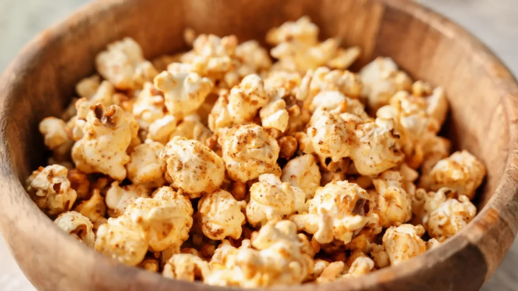A bowl of vegan pumpkin spice popcorn with cinnamon and maple syrup