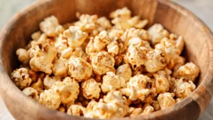 A bowl of vegan pumpkin spice popcorn with cinnamon and maple syrup