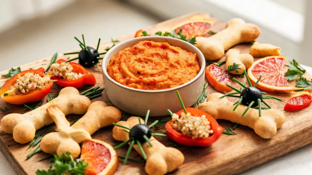 Vegan Halloween Eve dinner board with blood orange hummus, roasted bone-shaped bread, olive spiders, and stuffed mini peppers