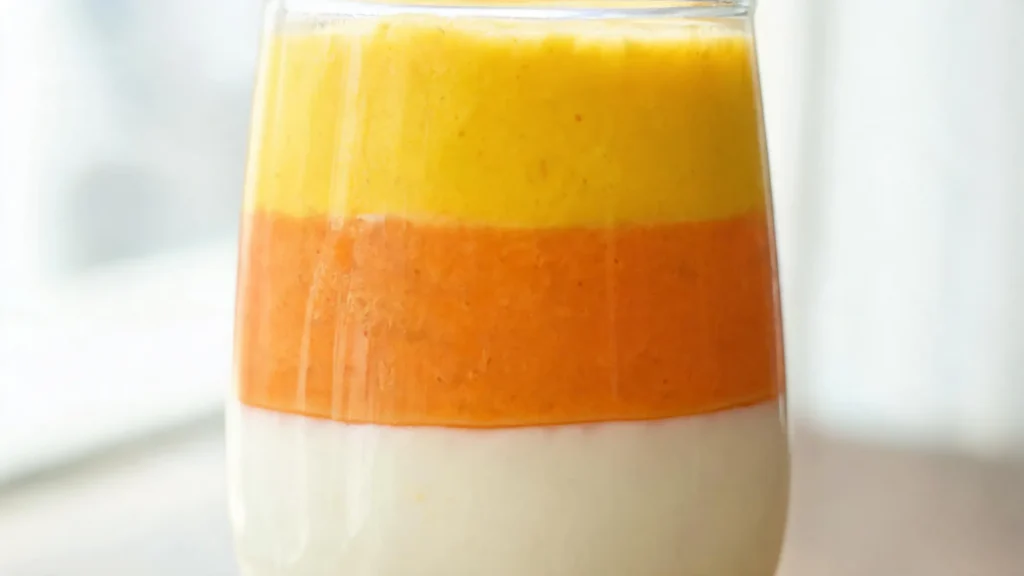 Vegan candy corn layered smoothie in a glass with mango, orange, and coconut cream layers