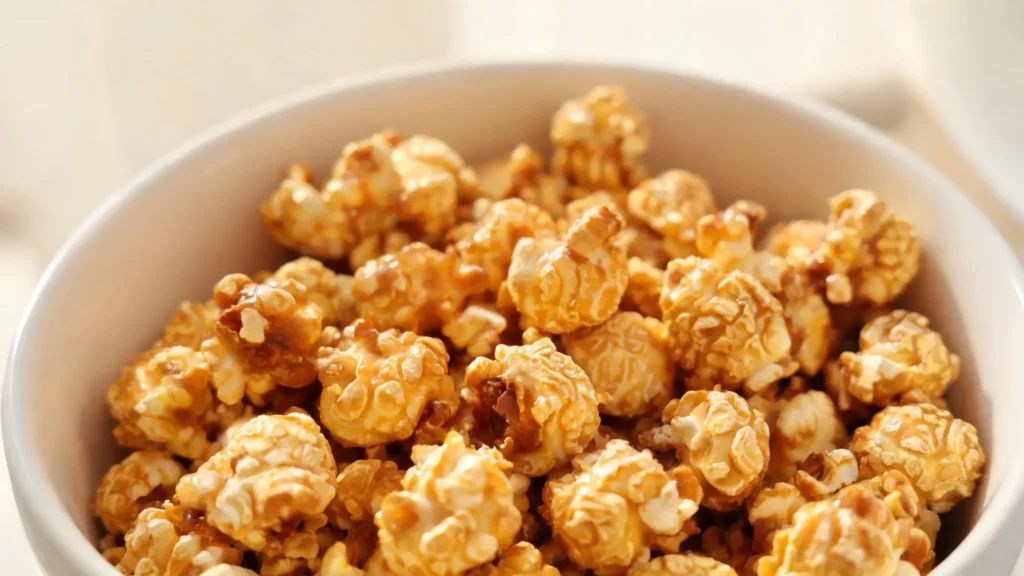 Golden vegan caramel popcorn in a white bowl with a copper scoop, perfect for fall movie nights