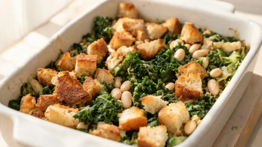 Vegan fall casserole with white beans, roasted tomatoes, kale, and sourdough croutons