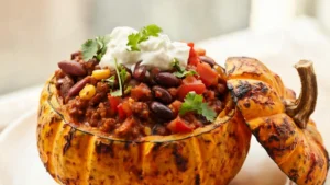 Spooky vegan chili served inside a carved mini pumpkin, garnished with green onions and cilantro, on a dark rustic table