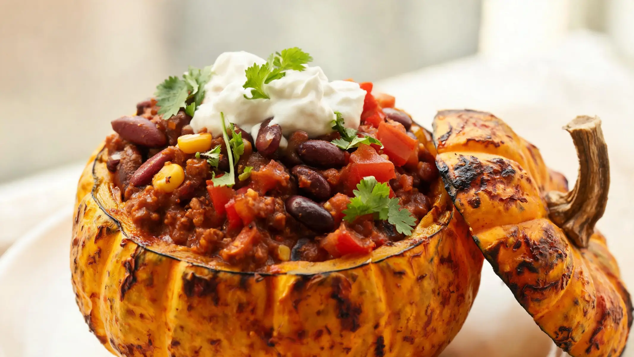 Spooky vegan chili served inside a carved mini pumpkin, garnished with green onions and cilantro, on a dark rustic table