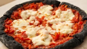 A dramatic black vegan pizza with roasted red pepper sauce and white mozzarella-style toppings on a dark crust