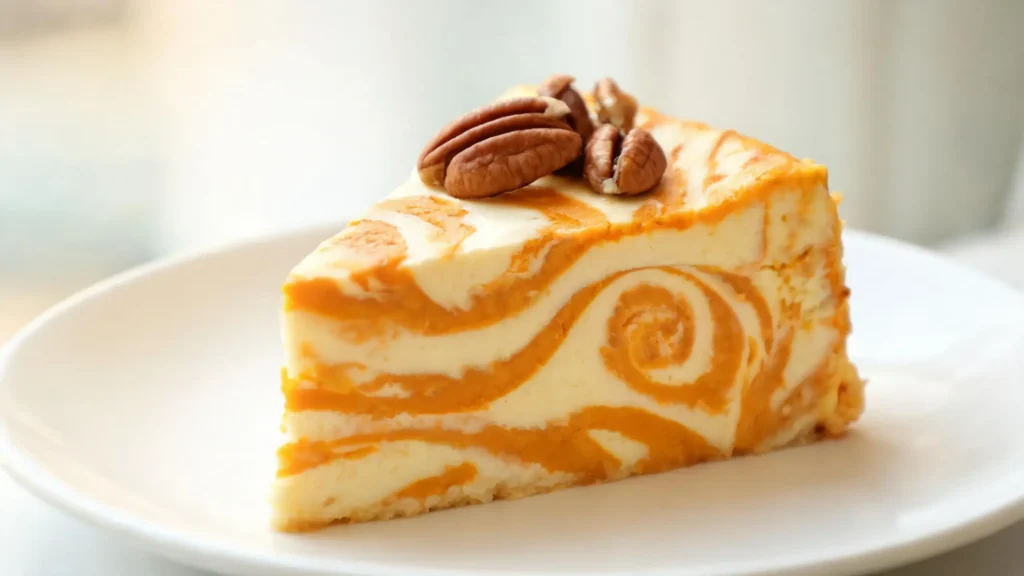 Breathtaking vegan pumpkin cheesecake with dramatic orange and vanilla marble pattern on a white plate