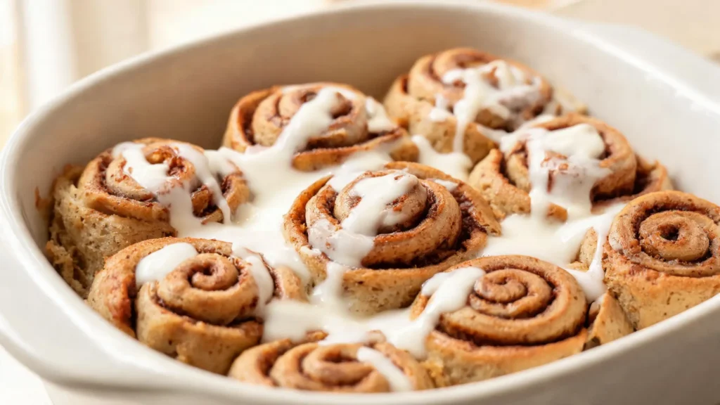 Freshly baked whole-wheat cinnamon rolls drizzled with a thick Greek yogurt glaze on a wooden platter