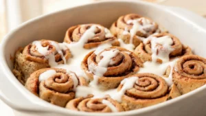 Freshly baked whole-wheat cinnamon rolls drizzled with a thick Greek yogurt glaze on a wooden platter