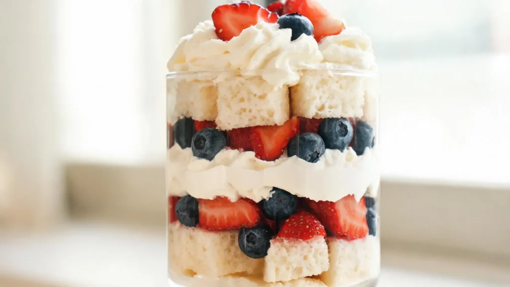 Angel food berry parfait in a glass with layers of cake and berries