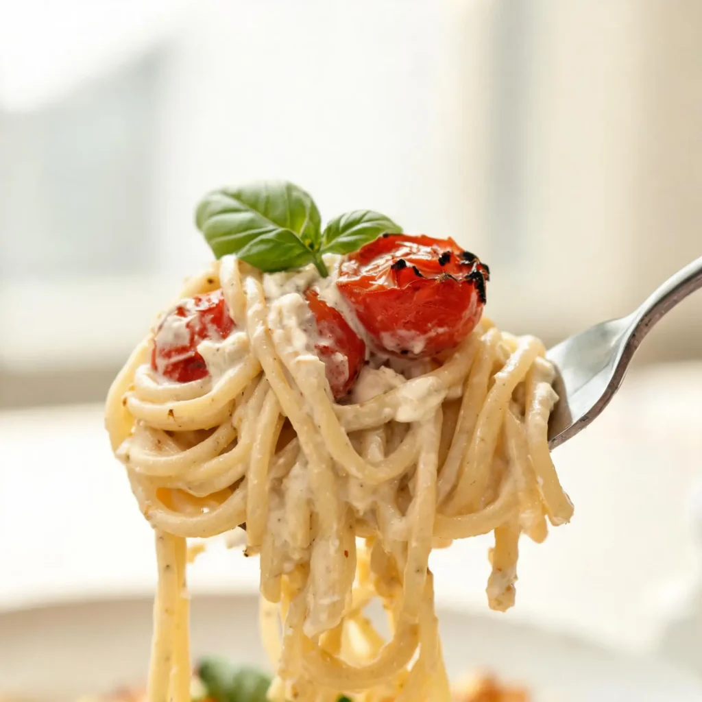 A baked feta pasta dish with roasted cherry tomatoes and fresh basil