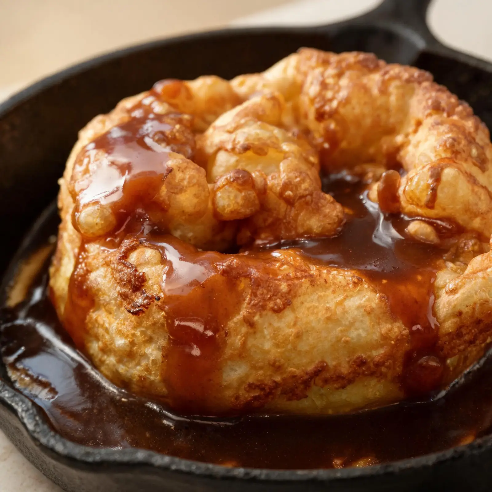 Golden, puffy Yorkshire pudding topped with rich roast beef gravy, served on a plate