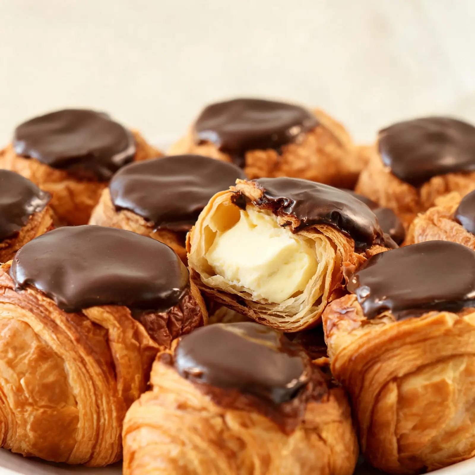 Mini Boston cream croissant cups topped with glossy chocolate ganache