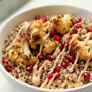 A top-down view of roasted cauliflower shawarma bowls topped with pomegranate seeds, drizzled with tahini sauce and fresh herbs.
