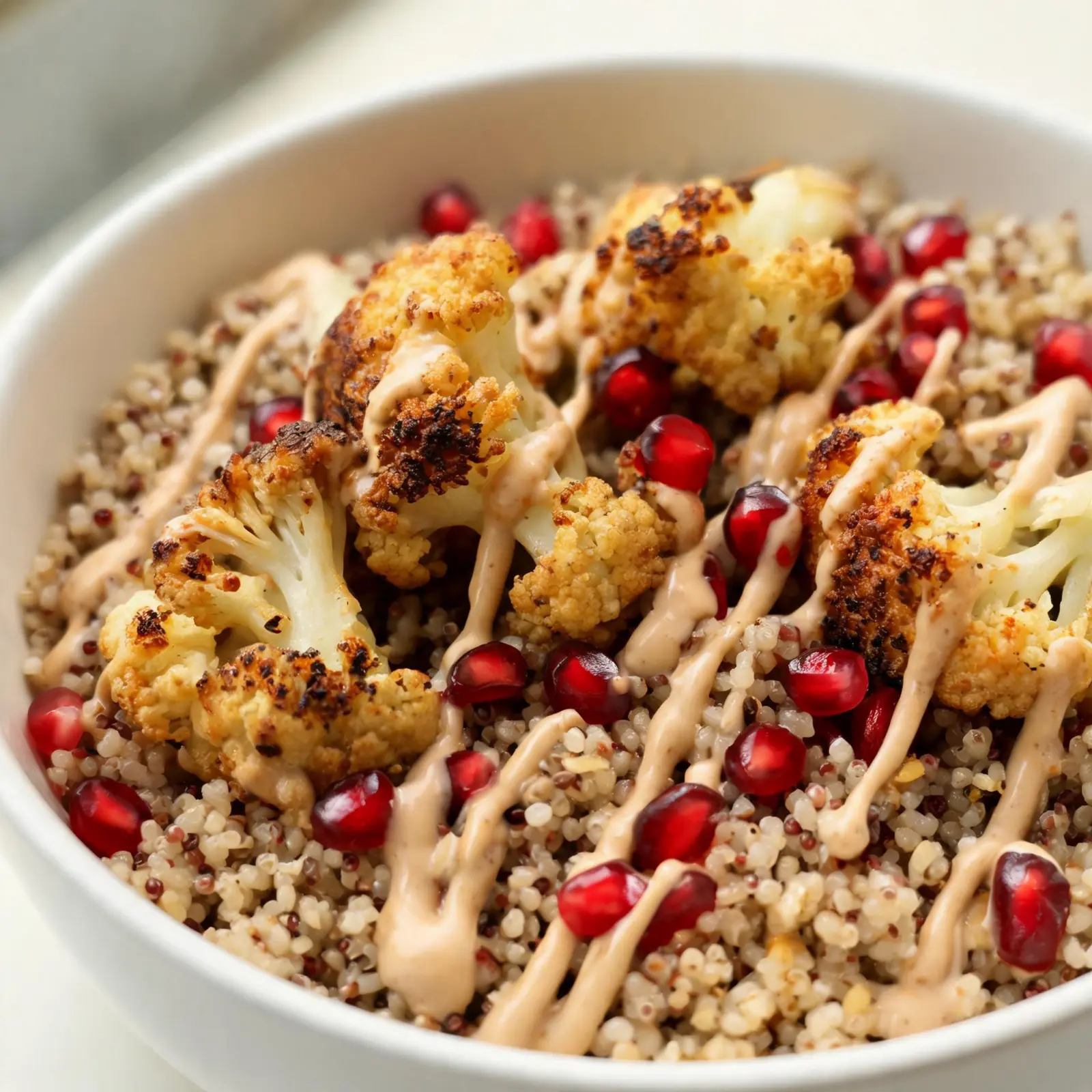 A top-down view of roasted cauliflower shawarma bowls topped with pomegranate seeds, drizzled with tahini sauce and fresh herbs.