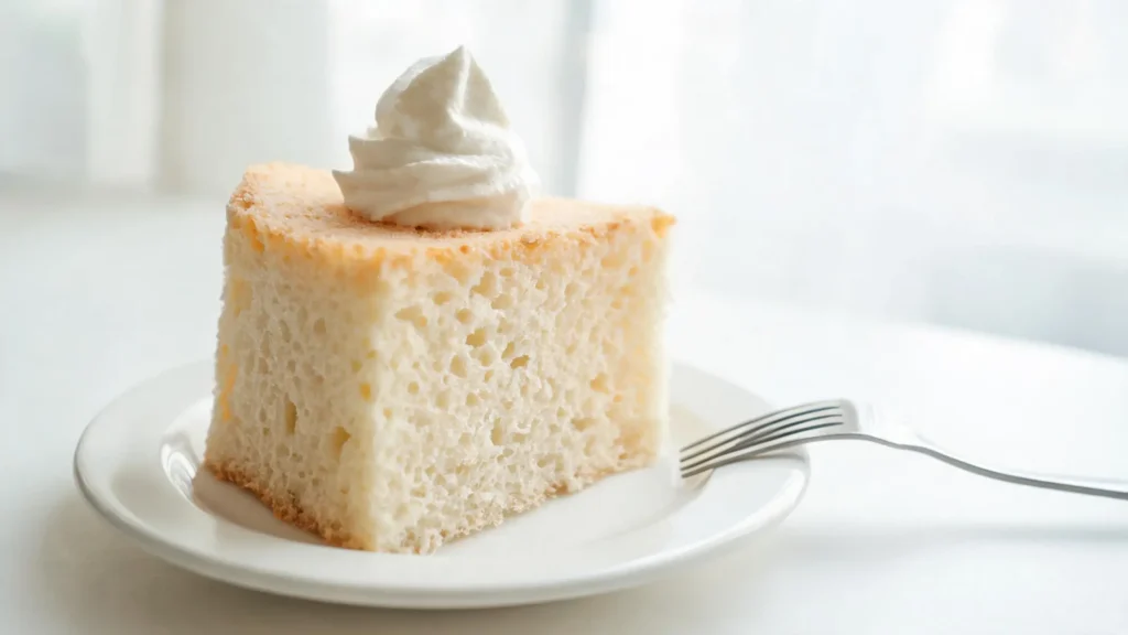 Classic Angel Food Cake topped with whipped cream on a cake stand