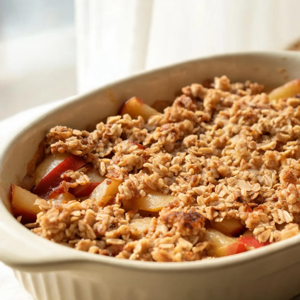 Classic apple crisp in a baking dish with golden brown oat topping