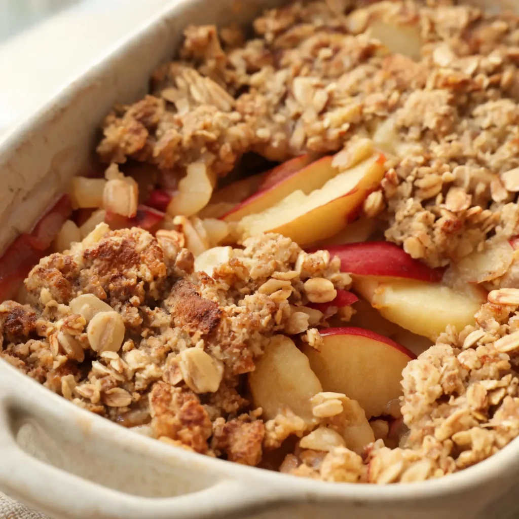A golden brown apple crisp in a baking dish, topped with a crumbly oat topping.