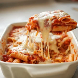 A generous serving of classic baked ziti in a baking dish, with melted cheese and tomato sauce.