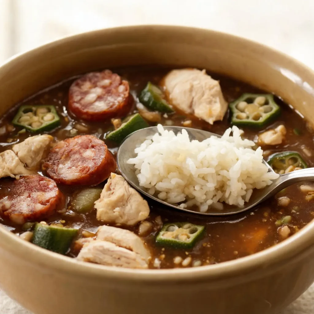 Bowl of classic chicken and sausage gumbo