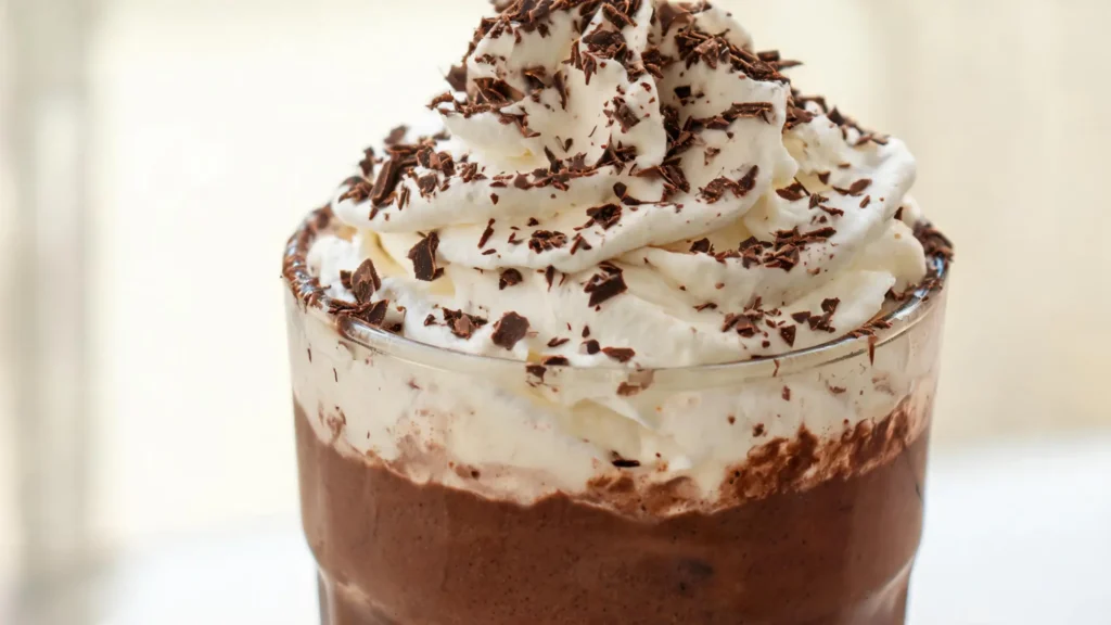 A tall glass of classic chocolate frappe topped with whipped cream and chocolate drizzle.