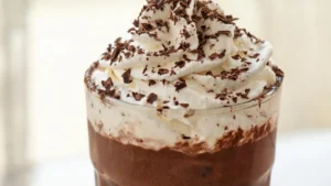 A tall glass of classic chocolate frappe topped with whipped cream and chocolate drizzle.