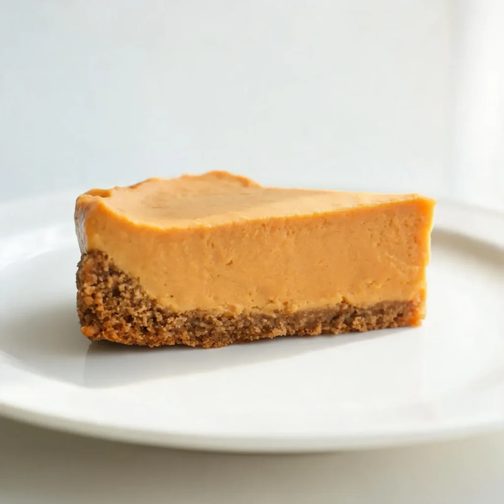 Whole classic pumpkin cheesecake with graham cracker crust on a serving plate