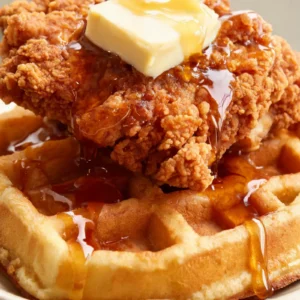 A plate of golden fried chicken on top of a fluffy waffle, drizzled with syrup and dusted with powdered sugar.