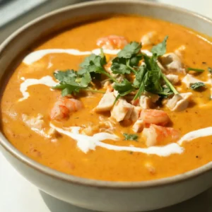 A velvety creamy coconut curry seafood bisque in a shallow bowl, topped with plump shrimp and fresh herbs