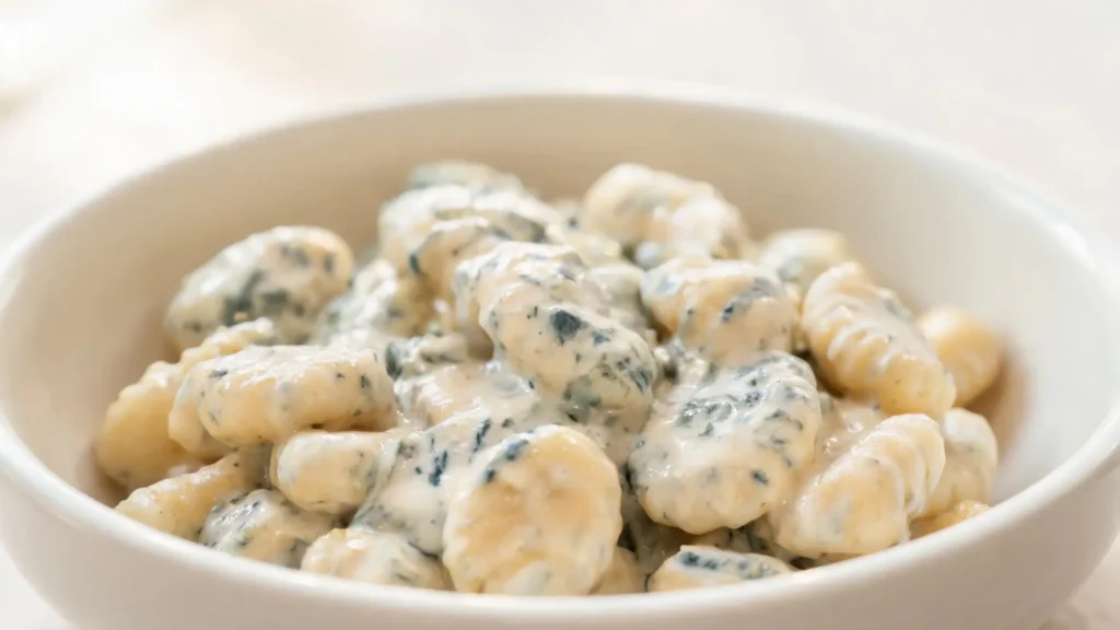 Creamy Gorgonzola gnocchi in a skillet with a velvety cheese sauce and fresh parsley