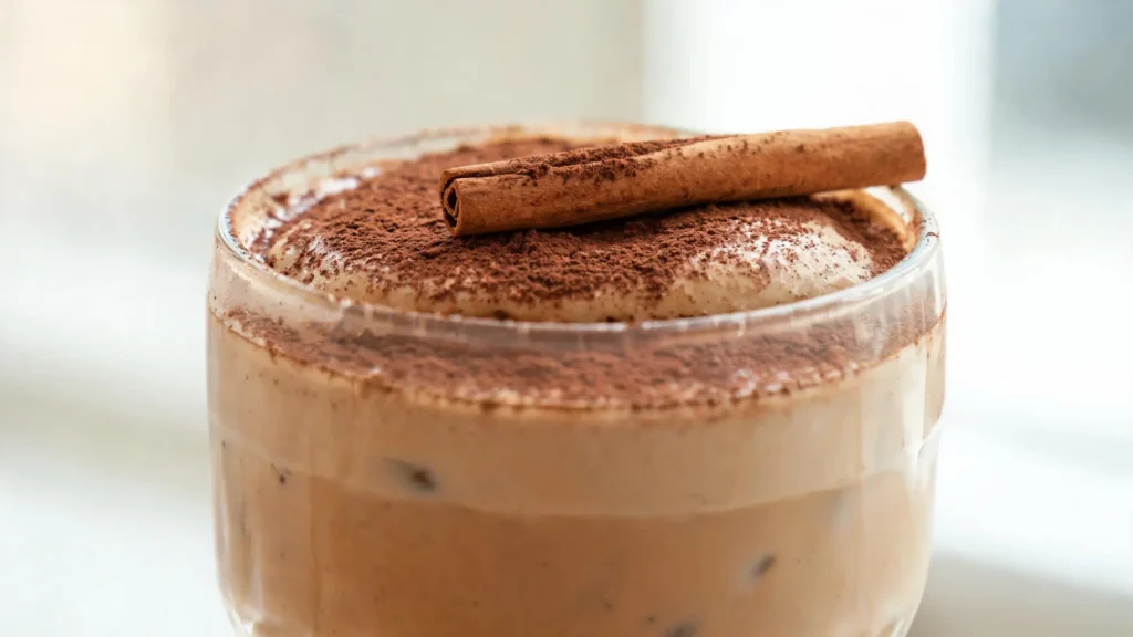 A tall glass of creamy Greek yogurt mocha frappe with whipped cream and chocolate drizzle
