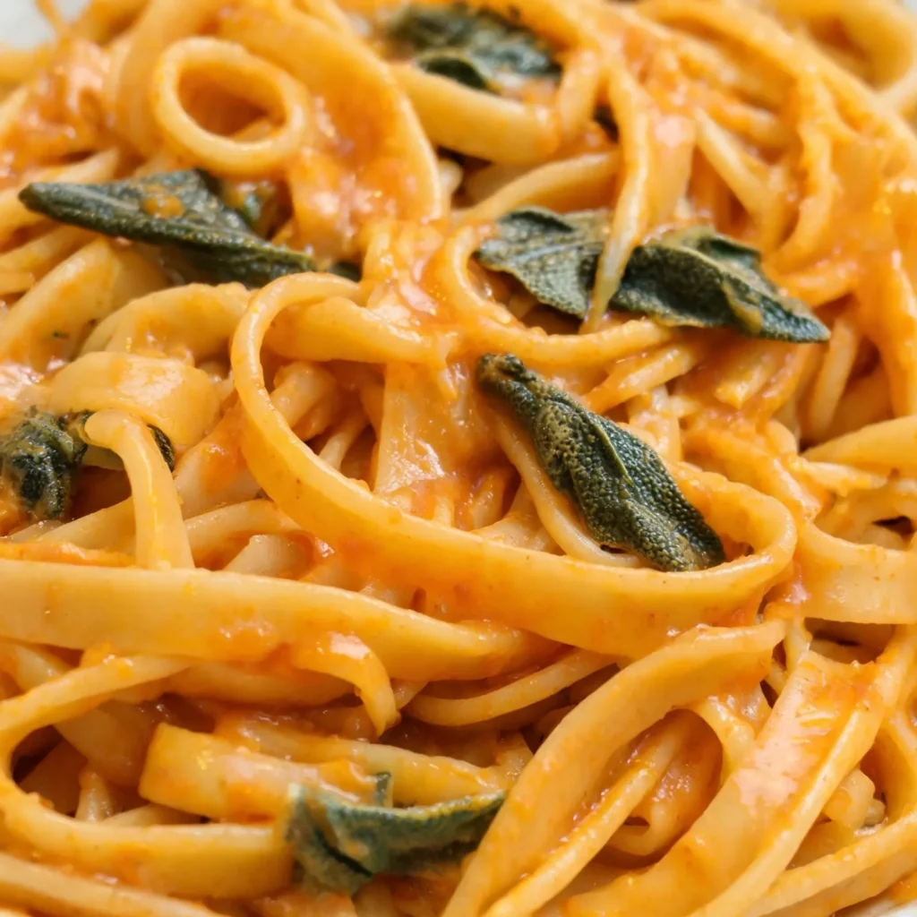 Plated creamy pumpkin sage pasta garnished with fresh sage leaves and Parmesan
