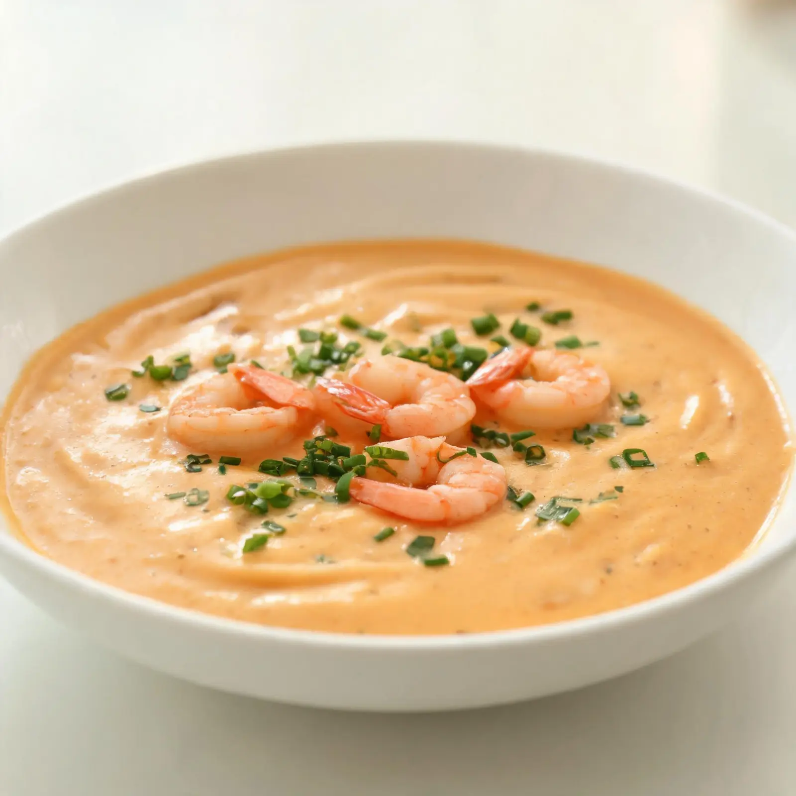 A bowl of creamy shrimp bisque garnished with herbs and shrimp
